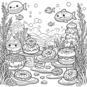 Zauberhafte Kawaii-Donuts unter Wasser Bastelvorlage für kreative Meeresbewohner