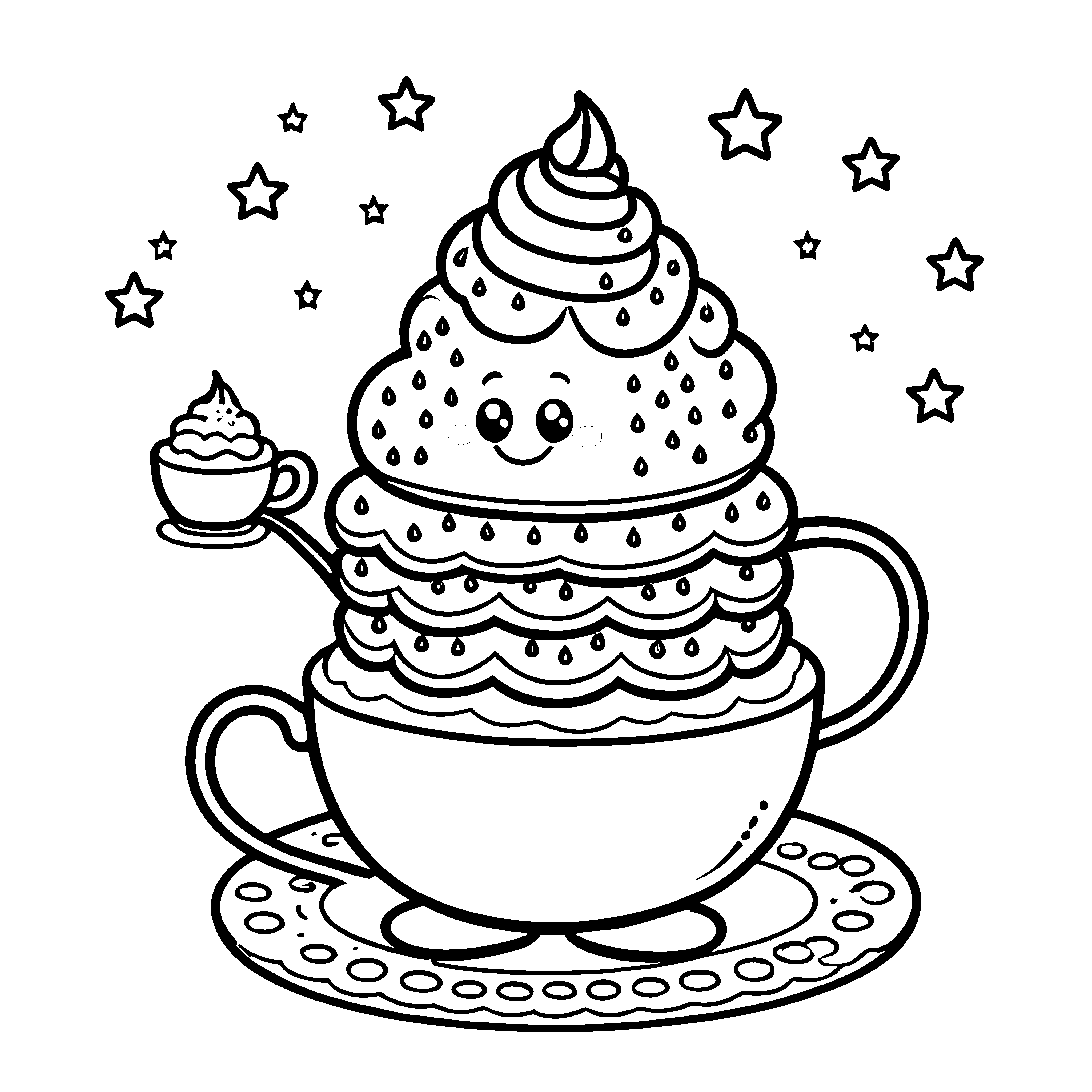 Fröhliche Kawaii-Waffel mit Sahne Bastelvorlage für malfreudige Kaffeeliebhaber