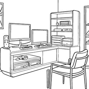 Technisches Gaming-Setup mit Spielekonsolen Malbild für malfreudige Technikbegeisterte