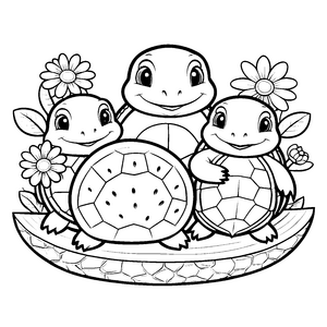 Niedliche Kawaii-Schildkröten in Blumenmatte Bastelmotiv für Gartenfreunde