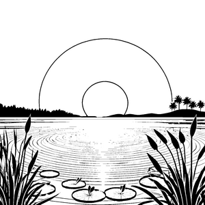 Idyllischer Sonnenuntergang mit Seerosen Bastelmotiv für mutige Wasserforscher