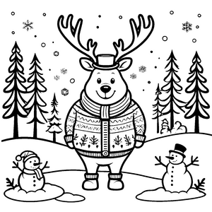 Heiterer Elch mit Schneemännern Bastelmotiv für fröhliche Winterkinder