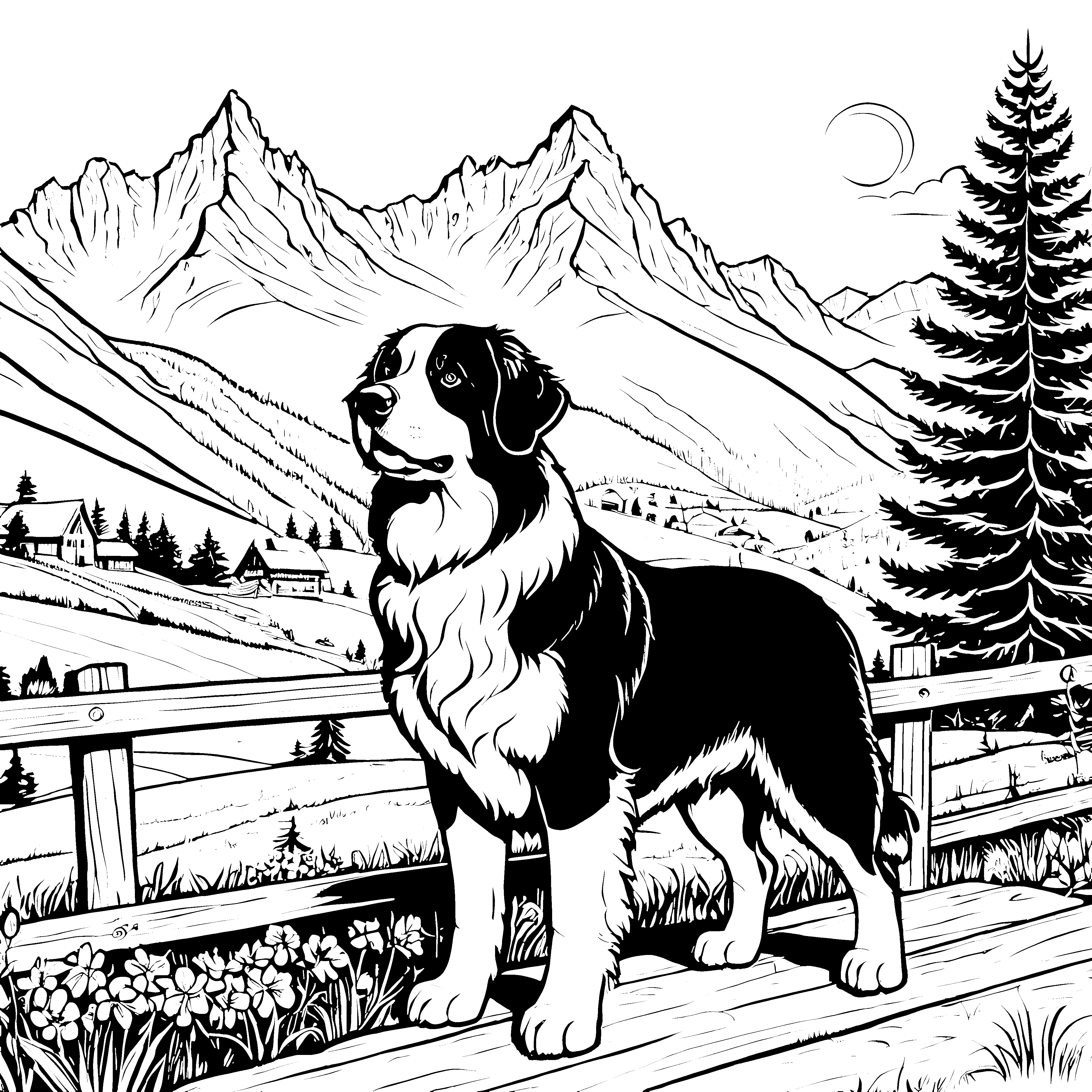 Majestätischer Berner Sennenhund auf Bergpfad Malbild für malfreudige Bergkinder