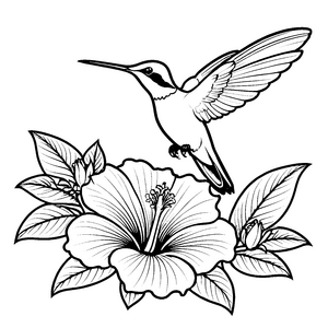 Spektakulärer Kolibri an Hibiskusblüte Malvorlage für verträumte Pflanzenforscher