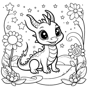 Zauberhafter Kawaii-Drache mit Wasserlilien Malvorlage für mutige Teichfreunde
