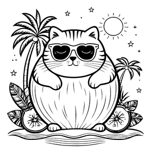 Coole Katze in Kokosnuss Malbild für junge Urlaubsfreunde