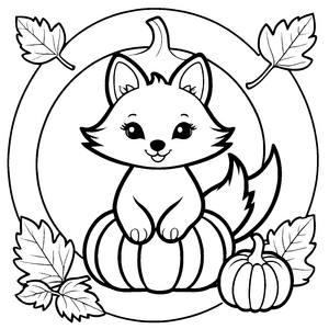 Goldener Kawaii-Fuchs auf Kürbissen Bastelvorlage für verträumte Herbstfreunde