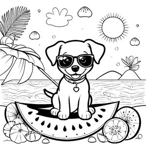 Cooler Hund auf Wassermelone Ausmalbild für malfreudige Strandgänger