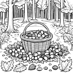 Herbstlicher Eichelnkorb im Wald Ausmalvorlage für kleine Waldgeister