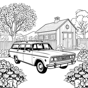 Glänzender Oldtimer im blumigen Garten Bastelvorlage für kleine Gartenfreunde