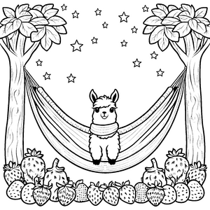 Entspanntes Kawaii-Alpaka in der Hängematte Ausmalvorlage für fröhliche Obstfreunde