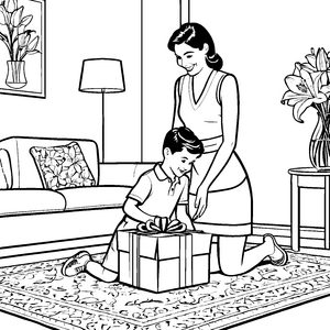 Herzliche Mutter mit Sohn am Geschenk Bastelmotiv für verträumte Geschenkkumpane