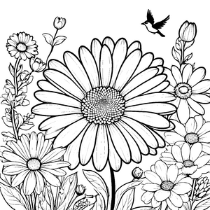 Prächtige Gänseblume mit fliegendem Vogel Ausmalvorlage für neugierige Gartenfreunde