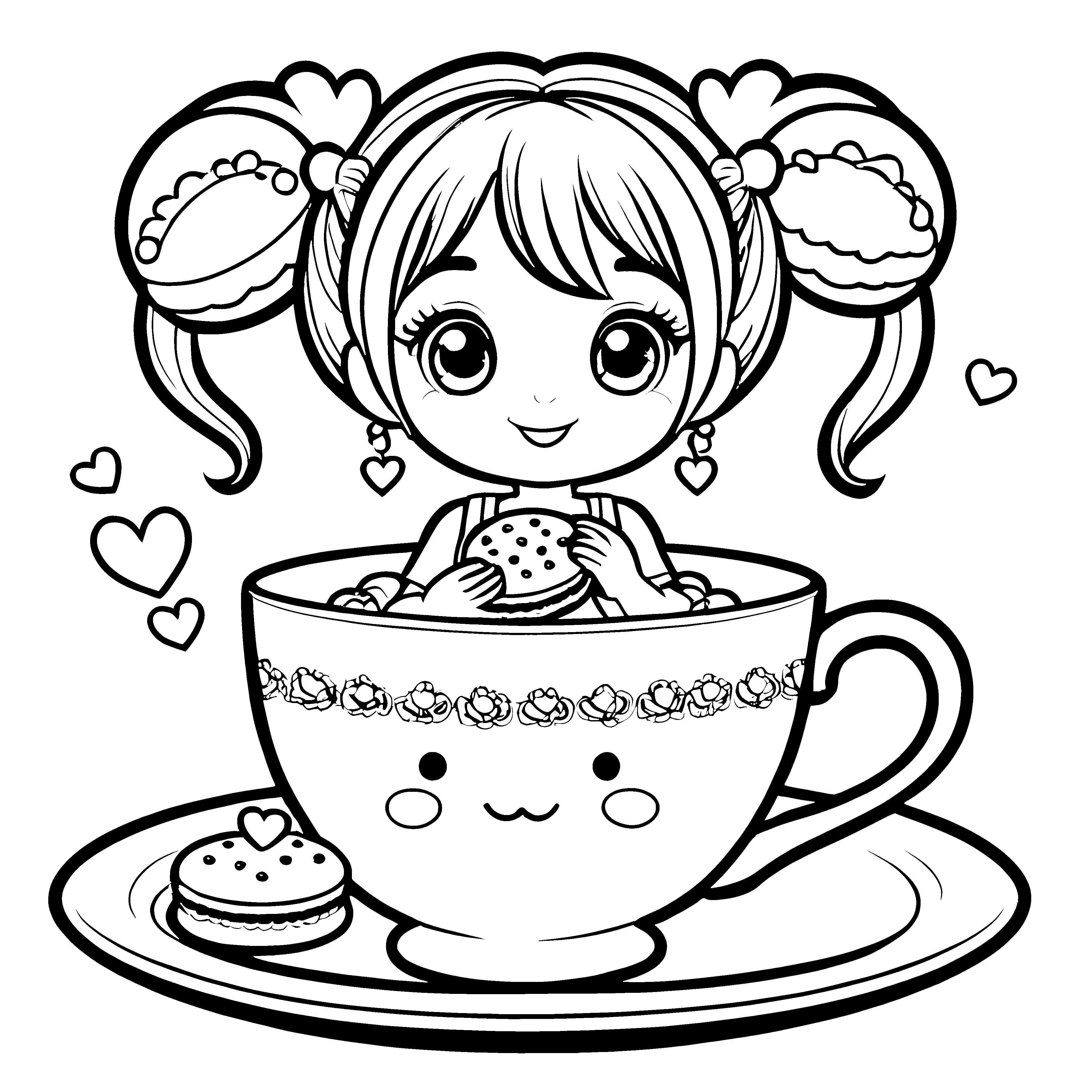 Verspieltes Kawaii-Mädchen in Teetasse Ausmalbild für kreative Gebäckfans