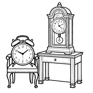 Klassische Weckeruhr und Standuhr Ausmalvorlage für kleine Uhrenliebhaber