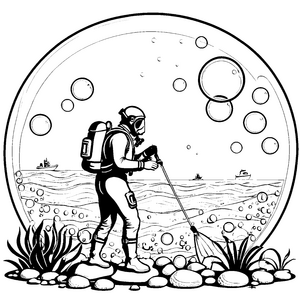 Abenteuerlicher Taucher mit Schaufel Ausmalvorlage für Unterwasserfreunde