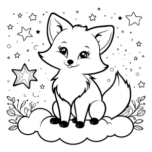 Traumiger Kawaii-Fuchs auf Wolke Malvorlage für kreative Sternenläufer