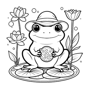 Verspielter Kawaii-Frosch mit Hut Bastelvorlage für neugierige Seerosenfreunde
