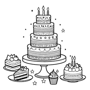 Festliche Hochzeitstorte mit Kerzen Ausmalbild für junge Konditoren