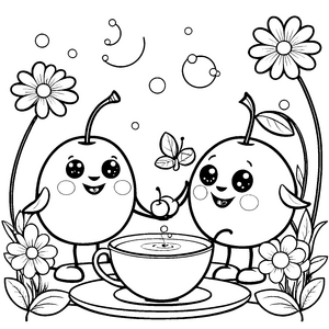 Herzliche Kawaii-Kirschen mit Teetasse Malvorlage für kleine Teezeitfreunde
