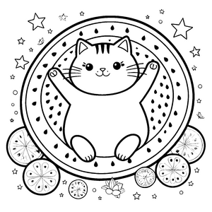 Fröhliche Kawaii Katze mit Zitusscheiben Ausmalbild für verträumte Obstfreunde