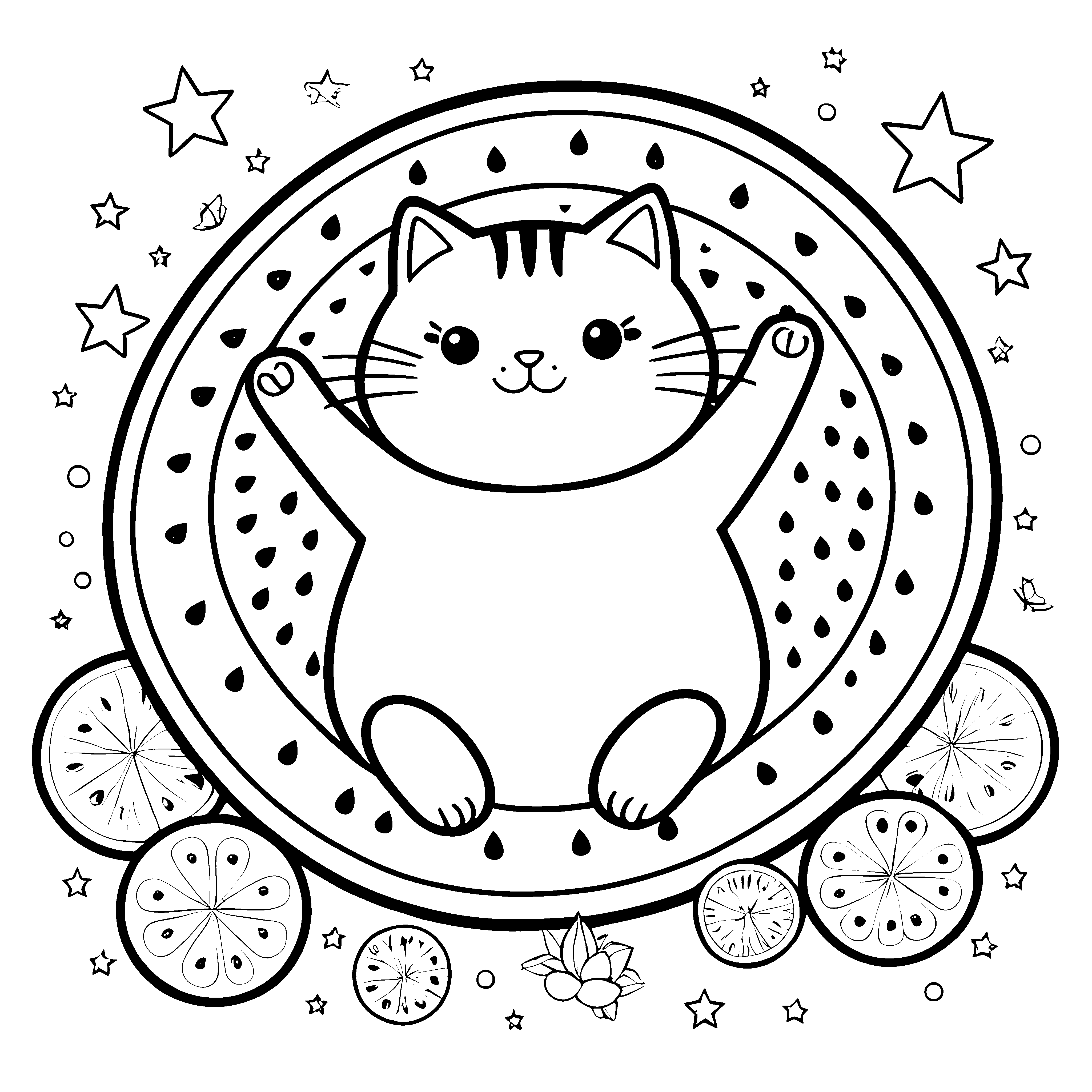 Fröhliche Kawaii Katze mit Zitusscheiben Ausmalbild für verträumte Obstfreunde