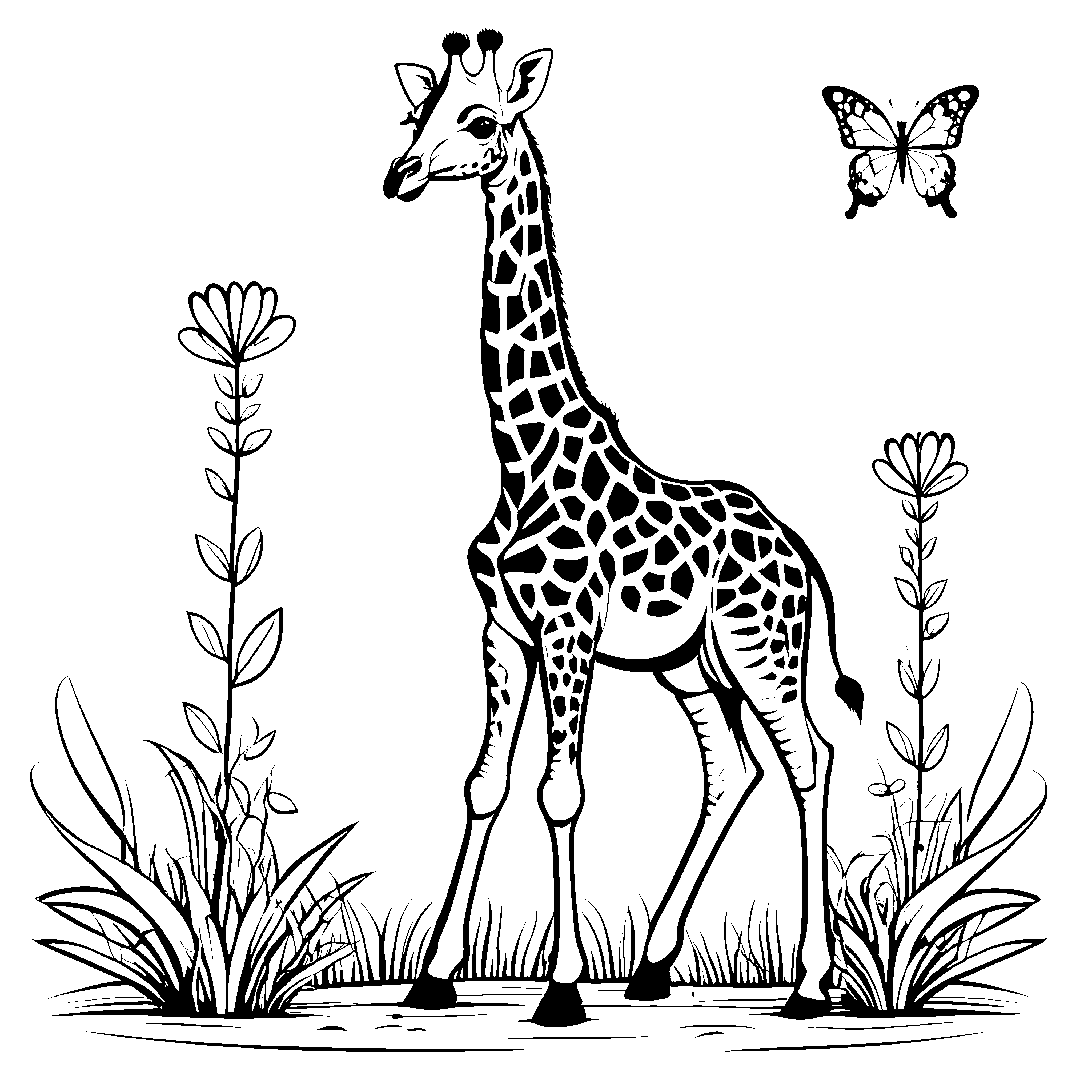 Niedliches Giraffenjungtier mit Schmetterling Bastelvorlage für verträumte Blumenfreunde