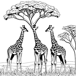 Verspielte Giraffenjungtiere unter Bäumen Ausmalvorlage für junge Savannenbewohner