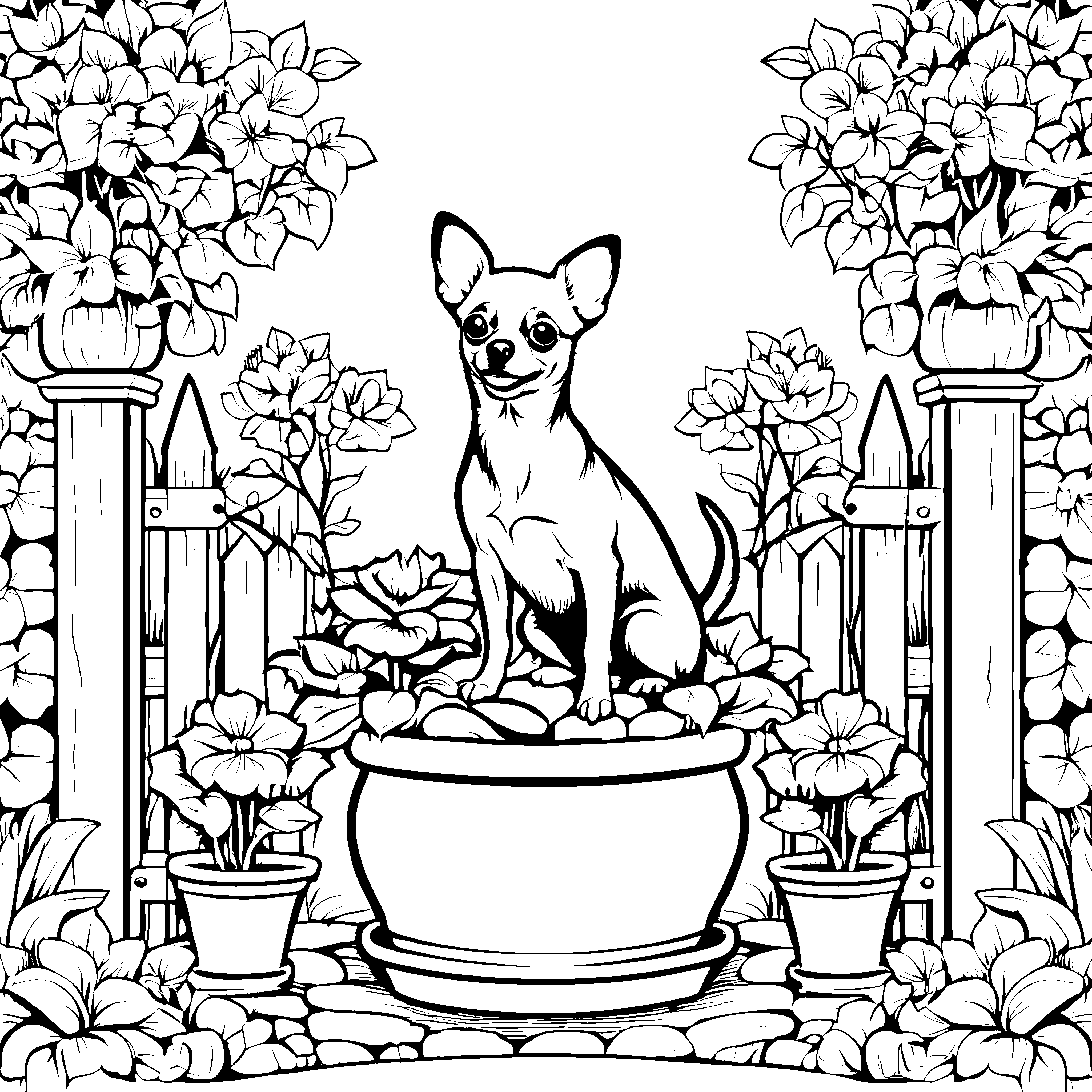 Verspielter Chihuahua im Blumentopf Bastelmotiv für Gartenfreunde