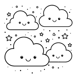 Niedliche Kawaii-Wolken mit Sternen Ausmalbild für mutige Sternenjäger