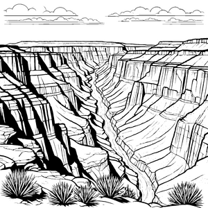 Spektakuläre Schlucht mit Felsen und Gräsern Malvorlage für malfreudige Felsbegeisterte