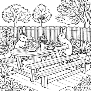 Idyllischer ovaler Tisch mit Hasen Bastelvorlage für kleine Gartenfreunde