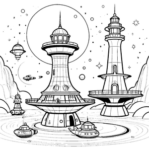 Futuristische Raumschiffe bei Türmen Ausmalvorlage für kreative Weltraumreisen