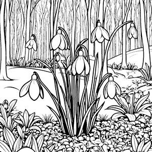 Heimelige Schneeglöckchen im Wald Ausmalvorlage für neugierige Waldtiere