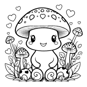 Herzlicher Kawaii-Pilz mit Herzen Ausmalvorlage für neugierige Waldgeister