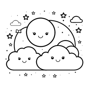 Heiterer Halbmond mit Kawaii-Wolken Bastelmotiv für mutige Himmelswandler