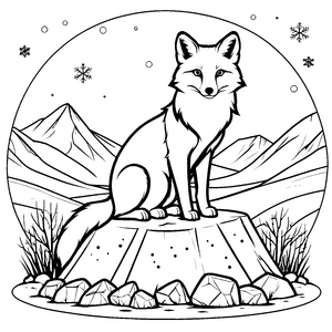 Majestätischer Polarfuchs auf Baumstumpf Ausmalbild für kleine Winterfreunde