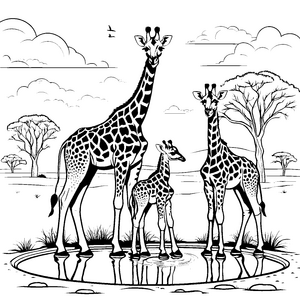 Friedliche Giraffenjungtiere am Teich Bastelvorlage für Wasserfreunde