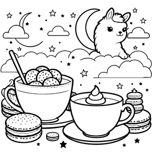 Träumendes Kawaii-Alpaka mit Macarons Bastelvorlage für malfreudige Nachtträumer