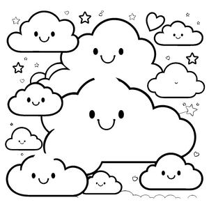 Fröhliche Kawaii-Wolken mit Sternen Ausmalvorlage für kleine Himmelstraumer