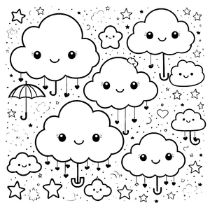 Herzliche Kawaii Wolken mit Regenschirmen Bastelvorlage für verträumte Regenfunker