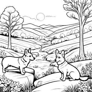 Idyllische Corgis am Bach Malvorlage für neugierige Naturfreunde