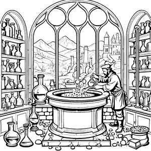 Mystischer Alchemist mit Glaskolben Malvorlage für verträumte Laborfreunde