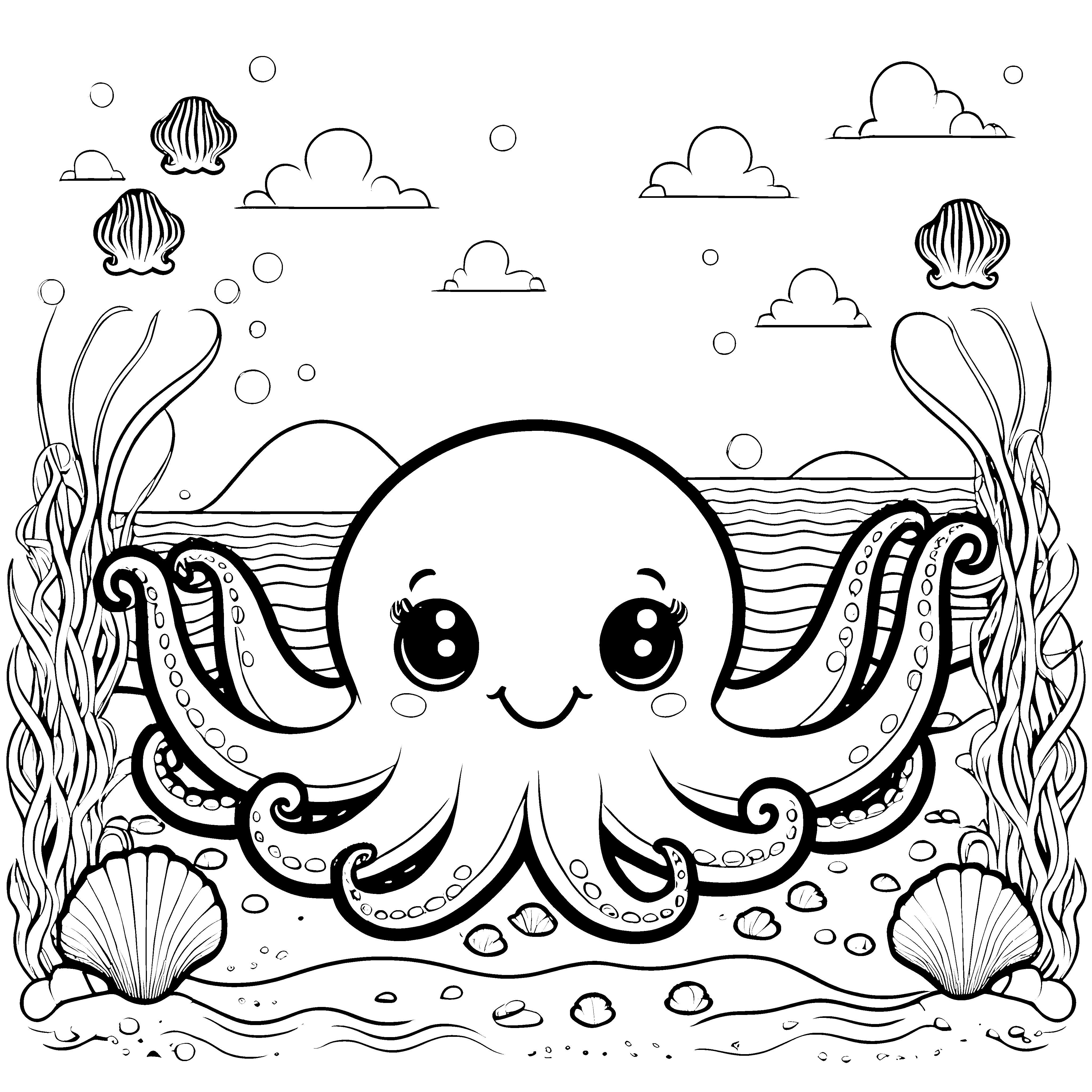 Heiterer Oktopus mit Muscheln Ausmalvorlage für kreative Wasserbewohner