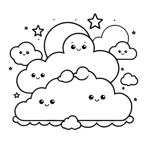 Sanfte Kawaii-Wolken am Mond Malbild für junge Sternenträume