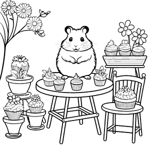 Süßer Hamster mit Cupcakes Ausmalbild für junge Konditoreifreunde