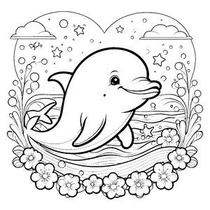 Liebenswürdiger Kawaii-Delfin mit Blumen-Malvorlage für malfreudige Meeresbewohner