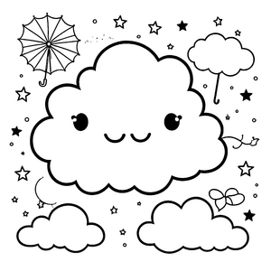 Freundliche Kawaii-Wolke mit Regenschirm Bastelvorlage für junge Wetterfreunde