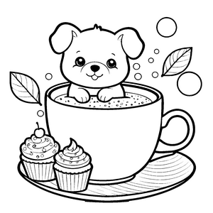 Niedlicher Kawaii-Hund in Teetasse mit Cupcakes Ausmalbild für kreative Kaffeeliebhaber