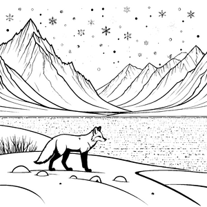 Sanfter Polarfuchs vor Bergen Ausmalbild für neugierige Sternengucker
